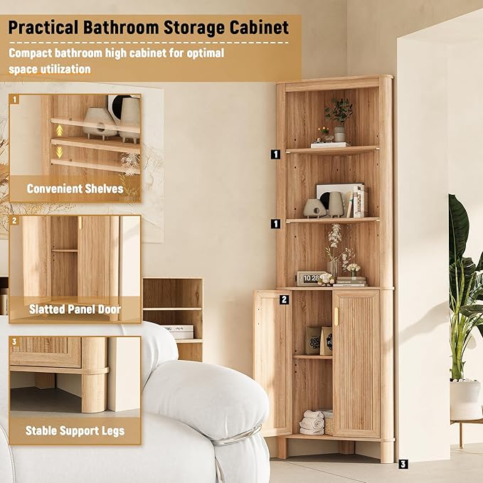 INNOD 69" Tall Corner Shelf with Doors, 6-Tier Corner Storage Cabinet with Doors, Space Saver Shelf for Bathroom, Bathroom Floor Cabinet for Living Room Kitchen, Hallway | with Doors, 6-Tier, with Doors, Space Saver Shelf