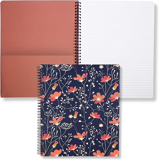 Steel Mill & Co Cute Large Spiral Notebook College Ruled, 11" x 9.5" with Durable Hardcover and 160 Lined Pages, Floral Vines