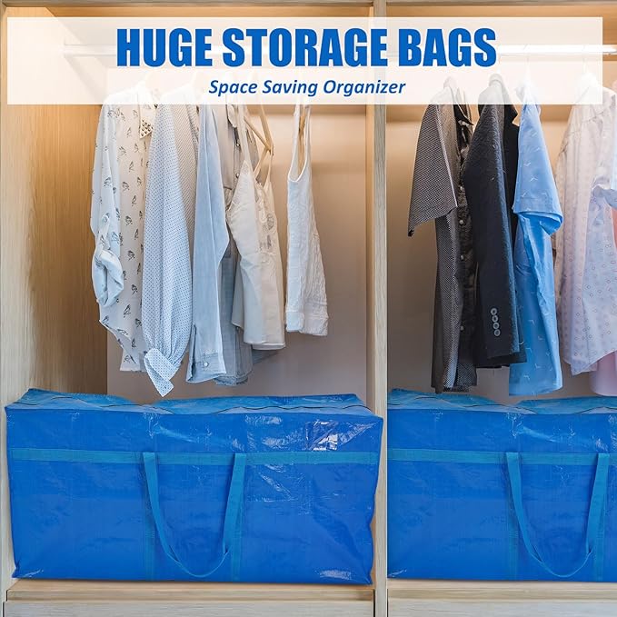 4 Pcs 96 Gallon Extra Large Moving Bags Heavy Duty Storage Bag with Strong Zipper Handle Foldable XXL Jumbo Storage Tote Packing Moving Box for College Dorm Travel Cloth Duffle (Blue)
