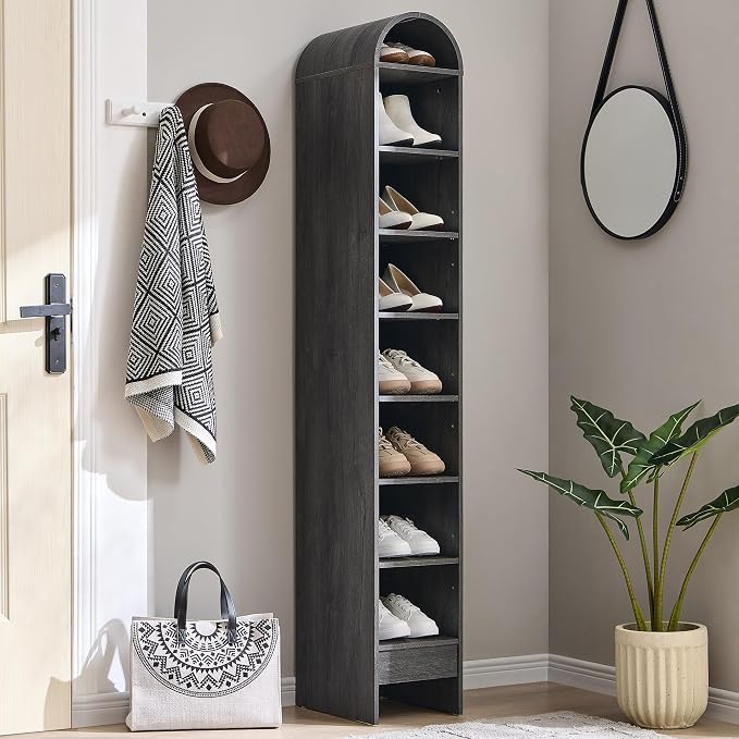 IFGET 67" Tall Arched Shoe Storage Cabinet, 8-Tier Wooden Rack with 3 Adjustable Shelves, Freestanding Closet Shelf Organizer for Entryway, Hallway, Living Room (Dark Grey)