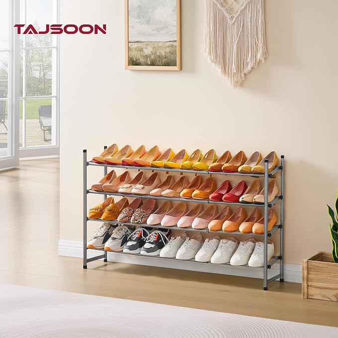 Tajsoon Expandable Shoe Rack for Closet 4 Tier, 28“-41“Stackable, Grey | Adjustable Shoe Organizer Closet Shoe Rack Floor, Metal Shoe Shelf Storage for Entryway, Closet, Garage, Front Door Entrance