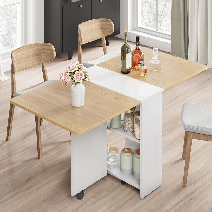 GAOMON Folding Dining Table, Drop Leaf Dining Table with 6 Wheels and 2-Layer Storage Shelf, Foldable Kitchen Table, Space Saving Table for Small Spaces, Areas, 47.2" Natural Wood