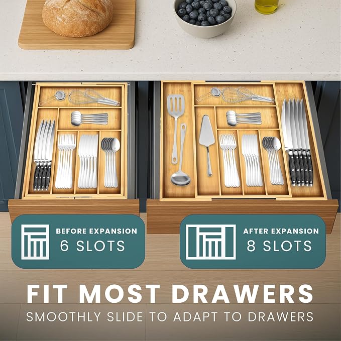 Sben Expandable Drawer Organizer for Utensils Holder, Adjustable Cutlery Tray, 6-8 Slots, Premium Wood Drawer Dividers Organizer for Silverware, Flatware, Knives for Kitchen (Bamboo)