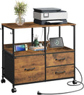 DEVAISE 3 Drawer Mobile File Cabinet with Storage Shelf, Charging Station | Rolling Printer Stand, Fabric Lateral Filing Cabinet fits A4 or Letter Size, Adjustable Shelf for Home Office, Rustic Brown