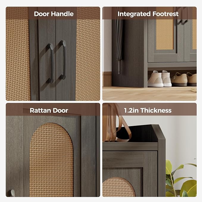 Mericonia Rattan Shoe Storage Cabinet, Farmhouse Shoe Cabinets Storage for Entryway, Boho Wooden Shoe Rack with 3 Doors for Entryway, Hallway (Black, 3 Door)