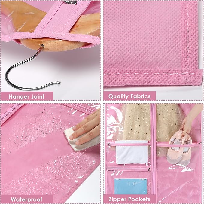 Univivi Garment Bags for Dance Costumes for Hanging Clothes, 40 Inch Breathable Dance Competition Garment Bag With 3 Medium Clear Zipper Pockets for Kids (Pink) - 8 Pack
