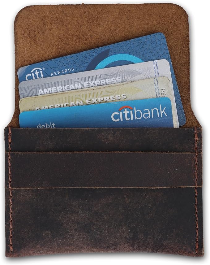 Distressed Leather Business Card Holder Slim Credit Card Wallet for Men and Women Vintage Brown Leather Compact Minimalist Card Organizer for Pocket or Purse Durable Card Case (Brown)