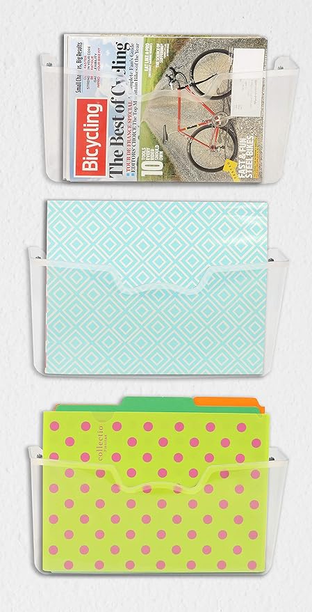 Simple Houseware Clear Wall Mount Single Pocket Hanging File Holder, 3-Pack | Wall File Holder Organizer for Paper and Documents