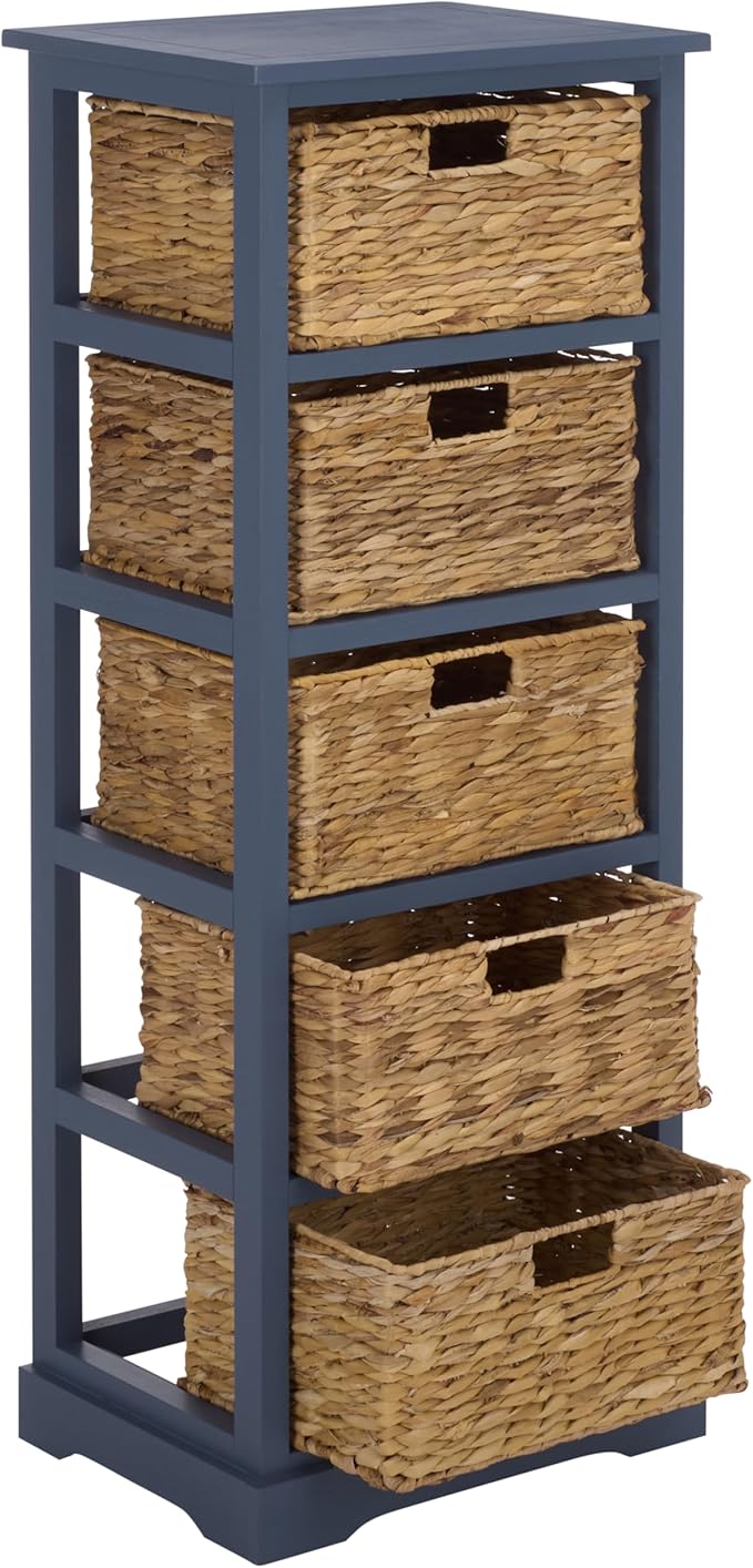SAFAVIEH Home Collection – Vedette Blue 5-Basket Storage Tower, Natural Rattan Accent Design, Fully Assembled (AMH5739H)