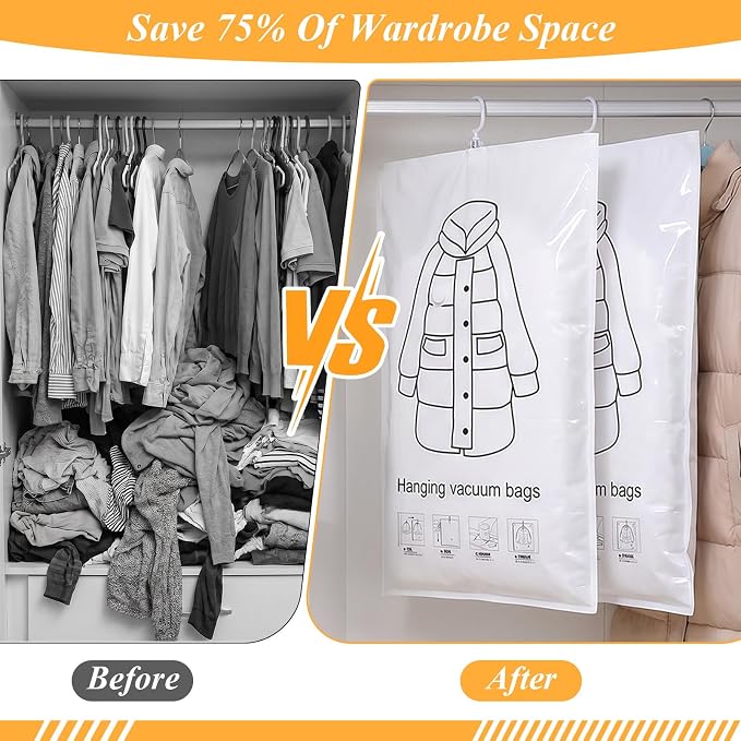6 Pack Hanging Vacuum Storage Bags for Clothes,43 x 27 inch Reusable Vacuum | Garment Seal Bag,Space Saver Bags,Dustproof Extra Large XXL for Clothing Travel Suits, Coat,Jackets, Dresses, Jackets (Clear)
