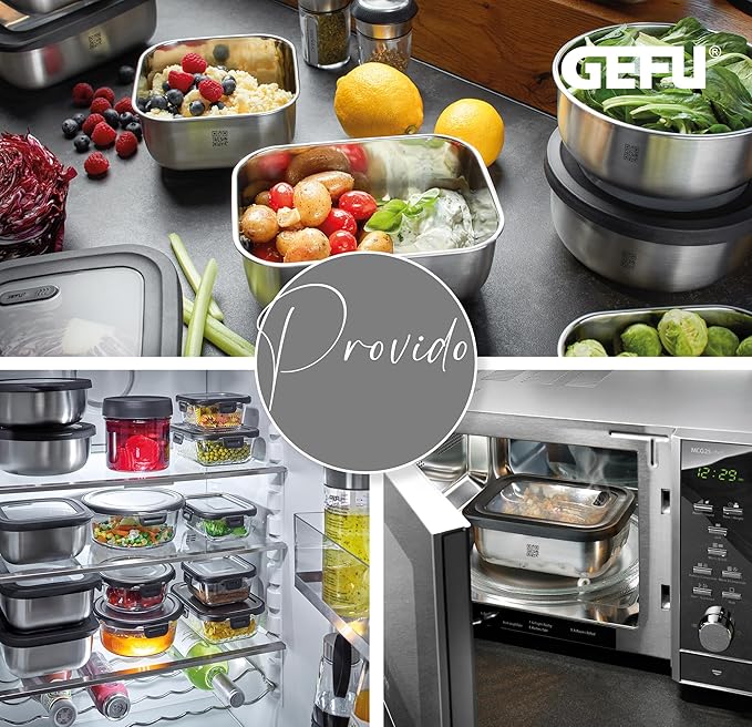 GEFU Provido Food Storage Containers with Lid, Set of 2, Stainless Steel, 400 ml Volume, Microwave-Safe, Ideal as Meal Prep or Storage Box