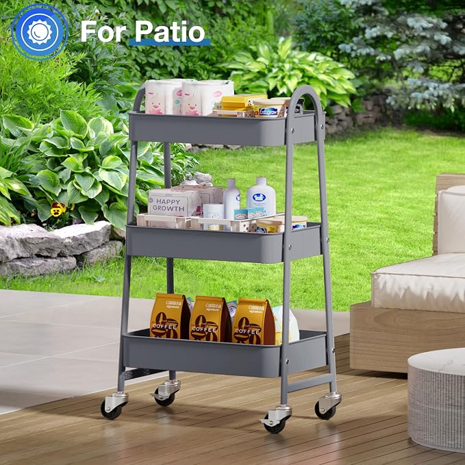 OLIXIS Metal Utility Cart, Mobile Rolling Storage Shelf with Lockable Caster Wheels, Organization for Livingroom, Bathroom & Narrow Places, 3 Tiers Gray