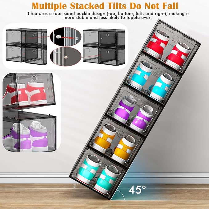 ARSTPEOE 6-Pack Black Shoe Storage Boxes Magnetic Stackable | Upgraded Harder Material, Stackable Space-saving, Fits Sneakers & Boots, Clear Magnetic Front Door