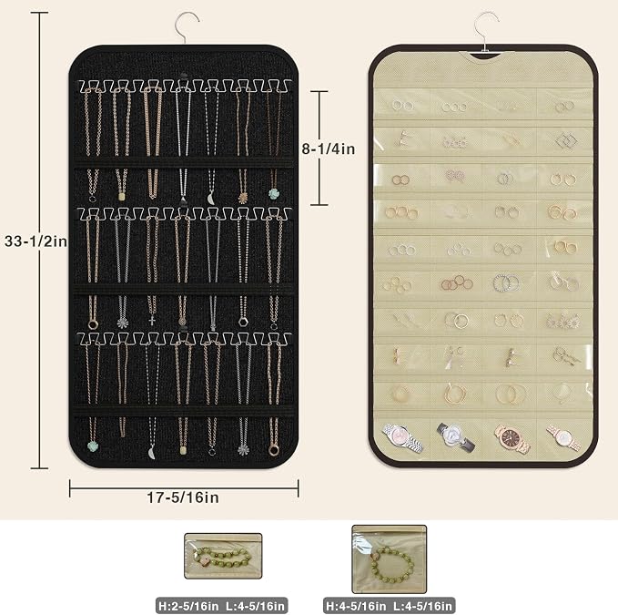 Hanging Jewelry Organizer for Necklaces Earrings, 1-Pack, Black and Beige | Foldable Double-Sided 36 hooks & 40 clear pockets; swivel hook fits walls, doors & rods for earrings, bracelets, rings