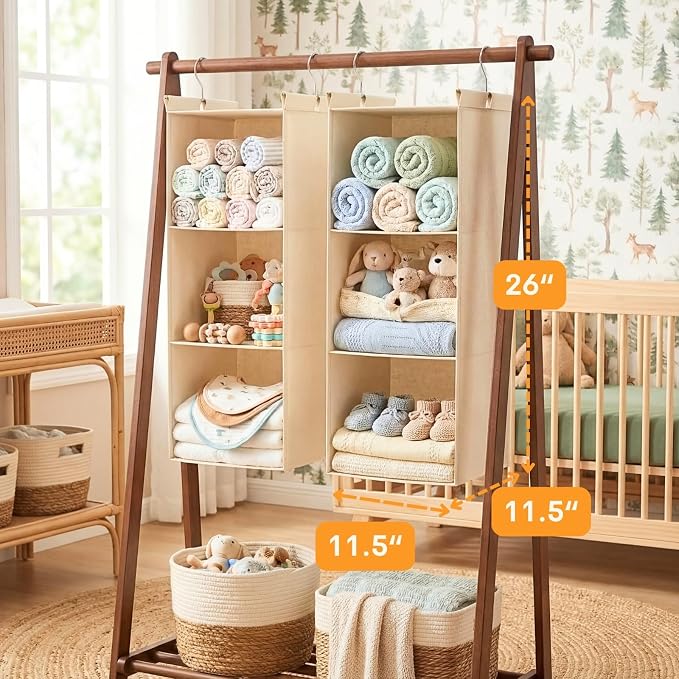 Ofiray-home Pure Cotton Dual Hanging Closet Organizer, 2-Pack 3-Tier Breathable Storage Bags for Wardrobe, RV, Nursery, Small Closets Heavy-Duty Cotton, Natural Beige