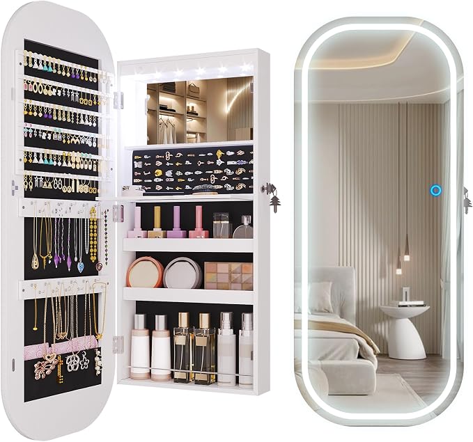 LVSOMT LED Mirror Jewelry Cabinet, Over the Door Jewelry Armoire Organizer | 42" Full Length Mirror with Storage, Built-in Makeup Mirror, Lockable Wall Mounted Jewelry Mirror for Women, Girls, White