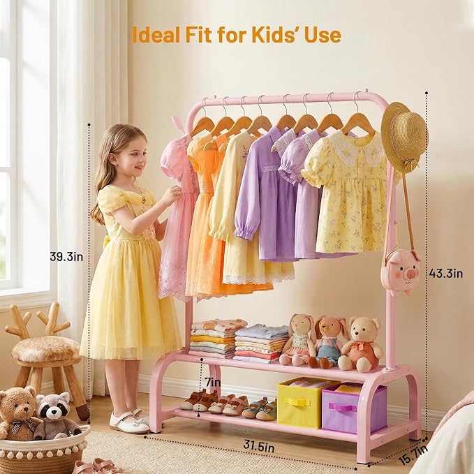 Kids Clothes Rack for Ages 3-6, Montessori Kids Clothing Rack, Pink | Kids Dress Up Rack with 2 Fabric Storage Shelves & Side Hooks, Toddler Wardrobe Rack for Costumes, Princess Dresses and Shoes