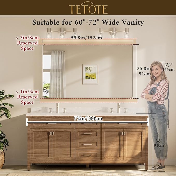 TETOTE 60 x 36 Inch Brushed Nickel Bathroom Mirror for Vanity Metal Framed Mirror Modern Farmhouse for Living Room Entryway(Horizontal/Vertical)