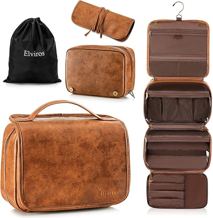 Elviros Hanging Toiletry Bag for Men PU Leather Shaving Dopp Kit (Brown) | 3-in-1 Waterproof Travel Organizer with Separate Compartments for Grooming Items, Toiletries, and Daily Essentials