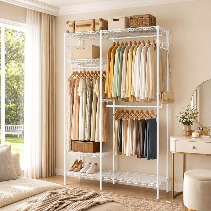 Heavy Duty Clothes Rack, Portable Clothing Garment Rack for Hanging Clothes, Adjustable Storage Closet with Wire Shelves and Hanging Rods, Freestanding Closet Organizer, Max Load 700Lbs, White