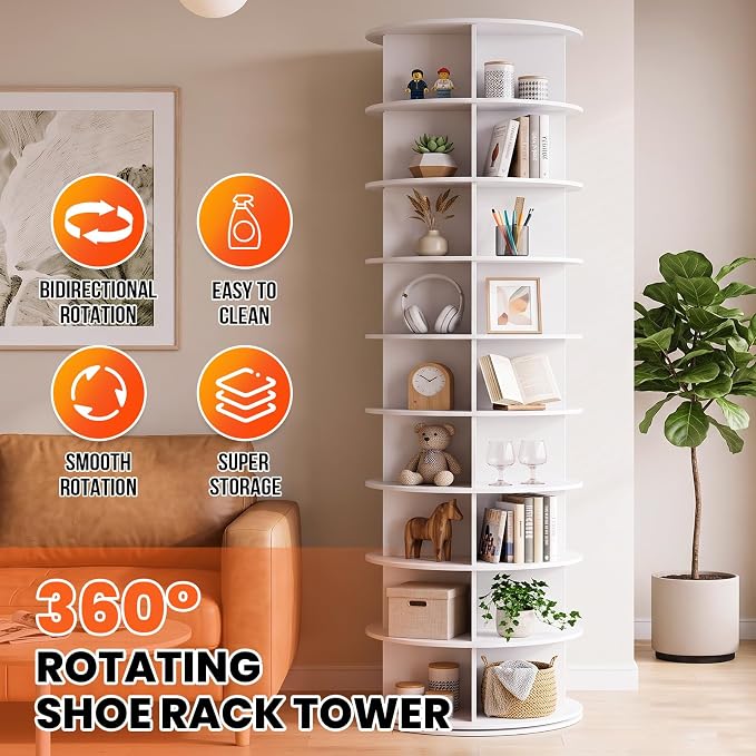 RUNSUNSPRI 9 Tier Rotating Shoe Rack Corner Organizer 360°Rotating Shoe Rack Tower Spinning Shoe Rack Tower for Bedroom Entryway Closet Holds 28-32 Pairs of Shoes Handbags Hats Display Decor