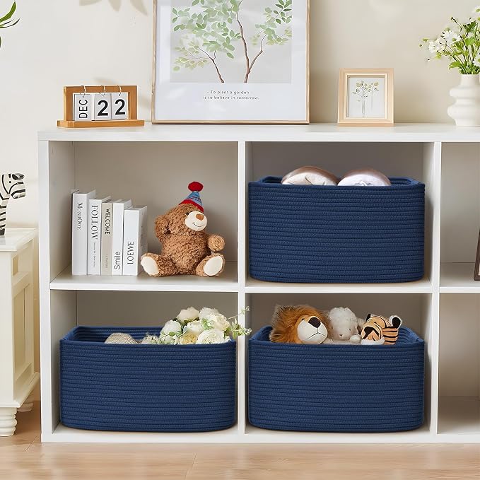 2 Pack Large Storage Basket for Organizing, 17.5"x13"x7" Woven Basket for Shelves, Closet Cube Storage Bins with Wrapped Handle, Cotton Rope Baskets for Kitchen, Clothes, Toys(Navy Blue)
