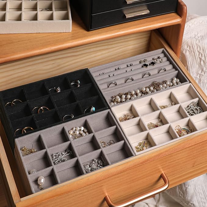 Frebeauty Jewelry Trays for Drawer,Set of 9 Jewelry Organizer and Storage | Velvet Material,Earring Holder Organizer,Stackable Jewelry Display for Vanity,Drawer Inserts for Rings,Studs,8.3×4.9 inch