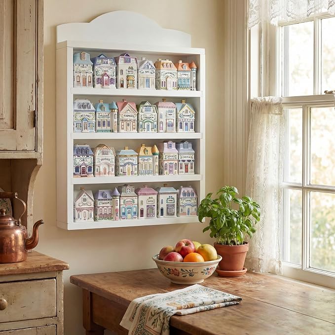 Chunful Vintage Spice Jar Wooden Rack White Elegant Spice Shelf for 24 Jars, Village Style Wall Mounting Kitchen Storage Decorative Hanging Display Rack, Shelf Only