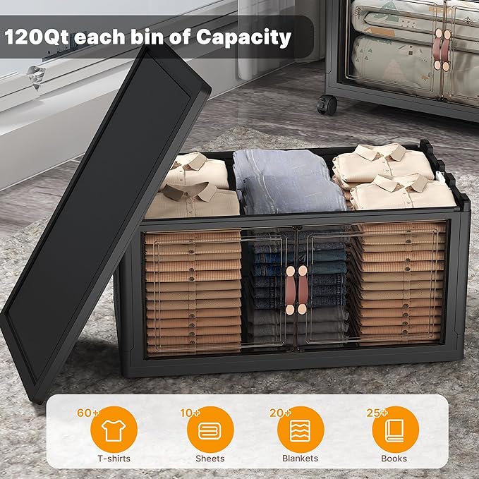 UAMFURI Stackable Storage Bins with Lids & Wheels & Door, Foldable Collapsible Closet Organizers, Extra Large Plastic Storage Drawers for Bedroom Dorm Office Garage (Dark-112QT, 3Pack with 1 top lid)