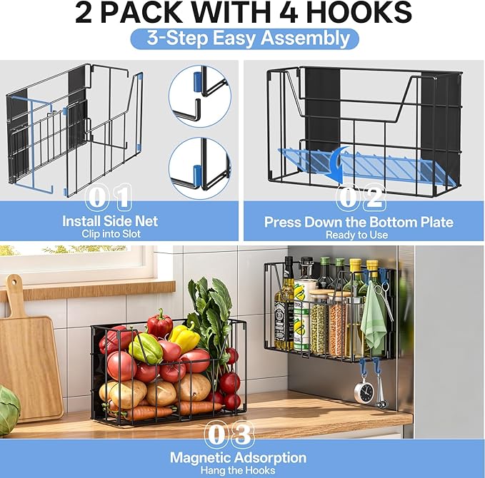 DTUQYX 2-Pack Magnetic Folding Storage Shelf, No Drill Heavy Duty Organizer with 4 Hooks Magnetic Basket Shelves for Laundry Kitchen RV Refrigerator Washing Machine Garage