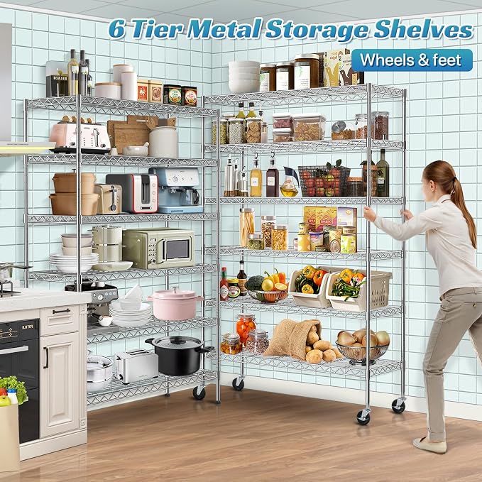 6-Tier Wire Shelving Unit with Wheels, 45"L x 18"W x 82"H Heavy Duty Metal Storage Shelves, 2100LBS Capacity NSF Certified Adjustable Steel Layer Rack Organizer for Garage Kitchen Pantry
