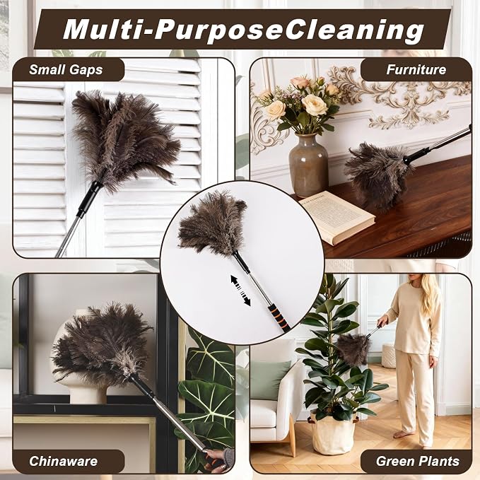 Extendable Ostrich Feather Duster 26-55 Inch, Natural Cleaning Duster with Sponge Grip and Stainless Steel Extension Pole Reusable for High Ceilings, Fans, Blinds, Furniture, Interior & Roof Dusting.