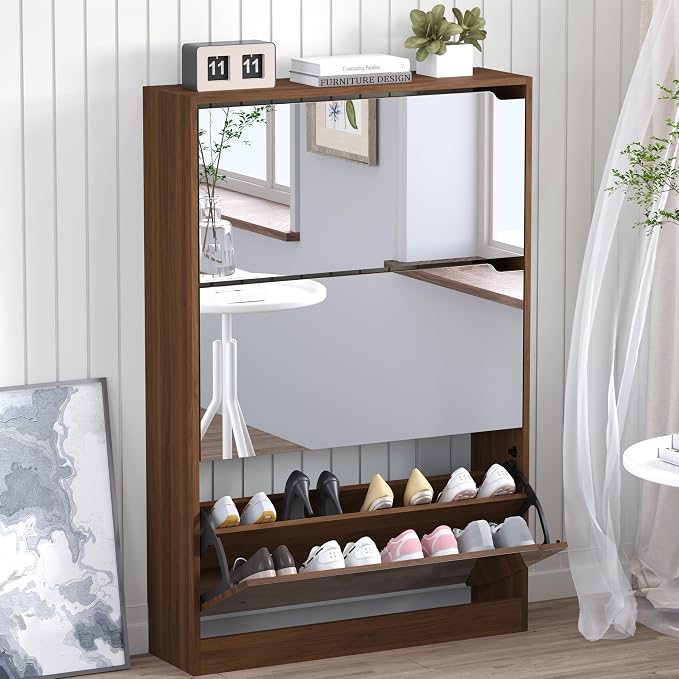 BORNOON Shoe Cabinet with 3-Flip Mirror Drawers, Freestanding Shoe Rack Organizer with Hidden Handle, Slim Narrow Shoe Storage Cabinet for Entryway, Entrance, Hallway, Bedroom