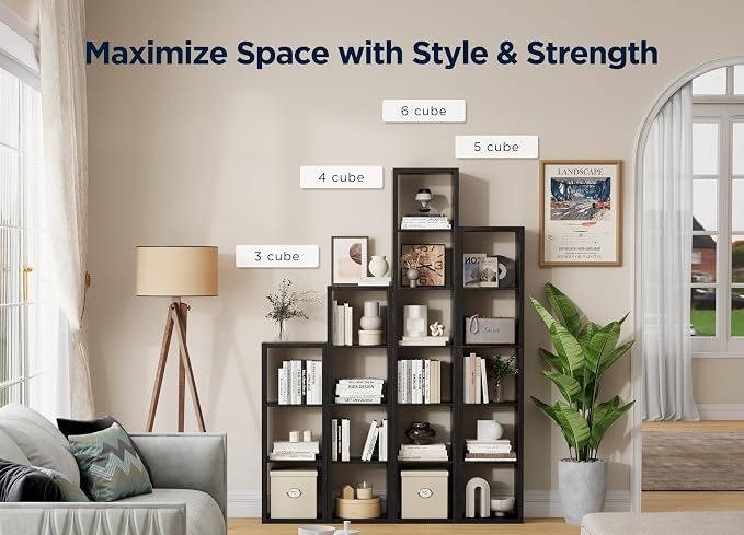 5 Cube Storage Organizer Single Row, Cube Shelf with Heavy-Duty Thick Boards, 13.31" L x 9.37" W x 60.55" H, Smooth Easy-Clean Panels, Simple Assembly, for Living Room Bedroom Office, Black