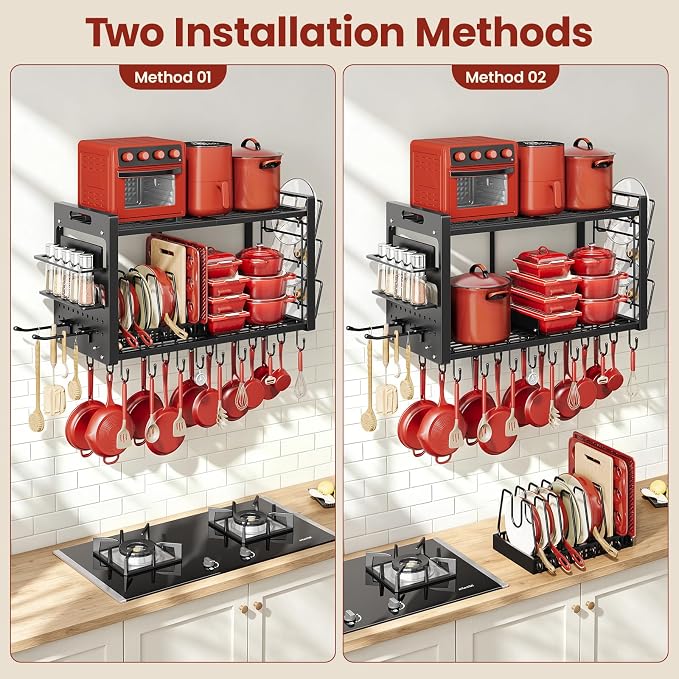Pot Rack Wall Mount, Hanging Heavy Duty Metal Pan Organizer with 20 Hooks,Pot Shelf with 3 Pot Lid Holder with 8 Adjustable Dividers Loads 100lbs for Kitchen Cookware and Utensil storage