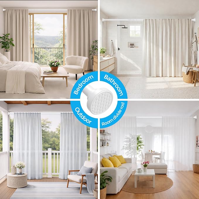 MEXAU White Shower Curtain Rod 40-113 Inch Adjustable 1.26 Inch Diameter Tension Curtain Rod No Drill, Tension Rod for Window, Bedroom, Bathroom, Outdoor, Room Divider