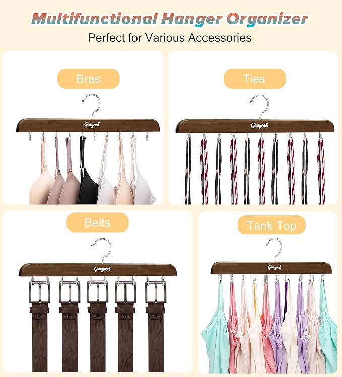 Gomyrod Tank Top Hanger, 2 Pack w/40 Hooks Bra Hanger for Closet Organizer | Premium Wood Space Saving Hanger, 360°Rotating Closet Organizers and Storage, Multi Hook Hanger for Dorm & Apartment, Brown
