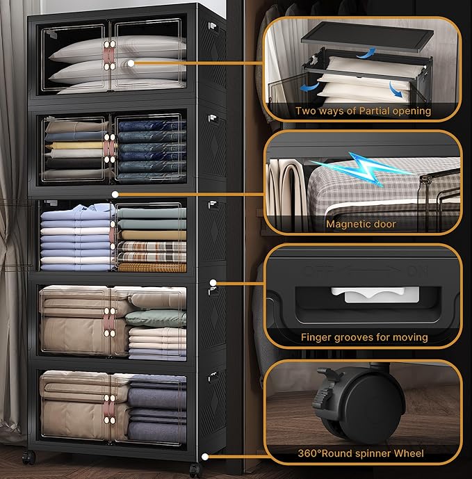 UAMFURI Extra Large Stackable Storage Bins with Lids & Wheels, Foldable Collapsible Closet Organizers Dark Storage Cabinet with Doors for Bedroom Dorm