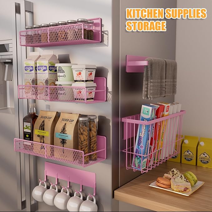 DTUQYX 6 Pack Magnetic Shelves for Washing Machine, Magnetic Spice Rack Organizer for Refrigerator, Magnetic Shelf with Hanger Organizer, Metal Magnetic Basket, Laundry Organization and Storage, Pink