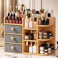 Large Makeup Organizer For Vanity, Large Capacity 3 Tiers Bamboo Bathroom Counter Organizers and Storage, Countertop Makeup Brush Holder, Nail Polish Perfume Stand with 3 Drawers and 10 Compartments