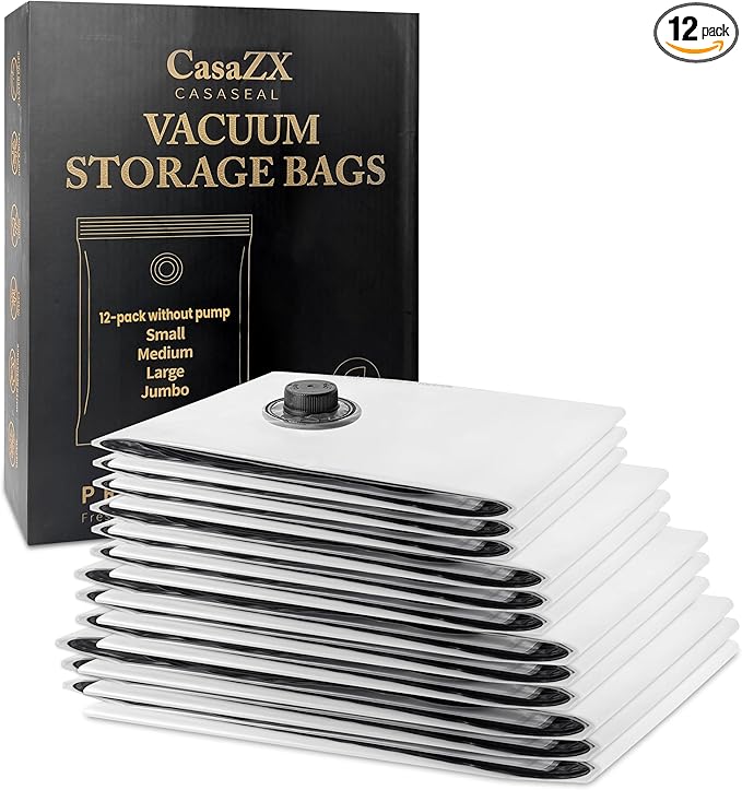 Vacuum Storage Bags 12 Pack Without Hand Pump – Space Saver Compression Bags, Airtight Double-Zip & Triple Valve, Reusable, Lavender Freshness, Bedding, Travel (S/M/L/Jumbo) (Without Pump)