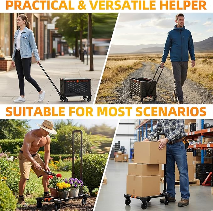 Folding Hand Truck Collapsible Crate Set, No Assembly Required 2 in 1 Utility Portable Rolling Crate Handcart with 4 Big Wheels & 2 Elastic Ropes & Removable Storage Crates (3.54 inches Wheels)