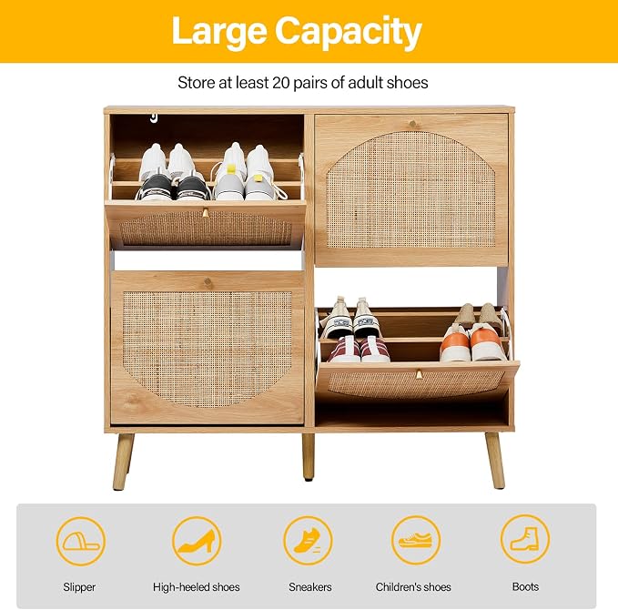 Karl home Natural Rattan Shoe Cabinet with 4 Flip Drawers Entryway Storage | Freestanding Hidden Shoe Organizer Cupboard, Rattan Storage for Entryway, Hallway, Living Room