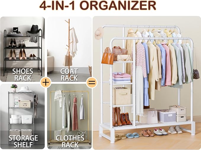 Double Rods Clothes Rack Clothing Rack with 4 Tier Storage Shelves Clothes Rack for Hanging Clothes Multifunctional Heavy Duty Clothes Organizer with Hooks for Bedroom,Wardrobe Closet,Shop,White