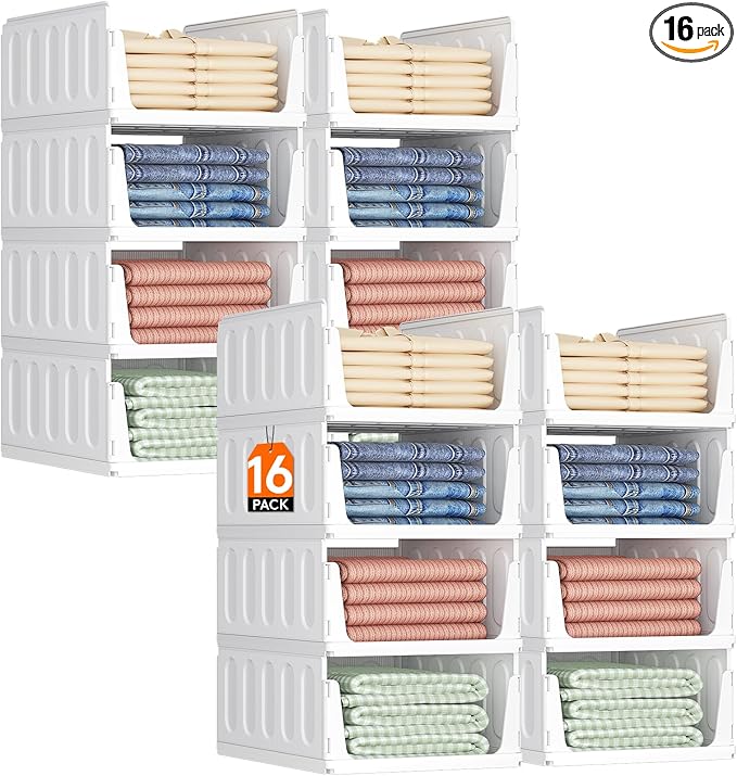 Lifewit 16 Pack Stackable Closet Organizers and Storage Basket for Clothes, Plastic Sweater Storage Bins for Wardrobe, Multifunctional Pants Organizer for RV, Pantry, Bathroom, Kitchen, Dorm, 24L