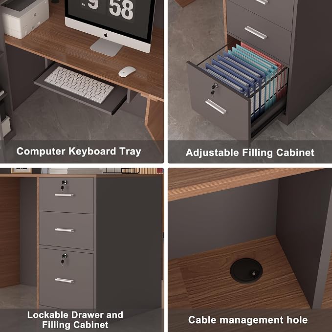 L-Shaped Reception Desk,Large Front Desk with Keyboard Tray, Lockable Drawers & File Cabinet, Receptionist Desk for Checkout,Lobby (Left L-Walnut/Slate Gray, 71''L x 23.6''W x 41.3''H)