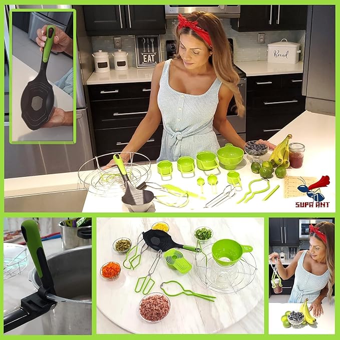 Supa Ant Complete Canning Starter Kit – 10pc Food-Grade Steel Set with XL Ladle, 6 Measuring Cups, Jar Lifter, Wide Mouth Funnel, Canning Rack (7-Jar Capacity) & 90 Labels – Beginner-Friendly, Green
