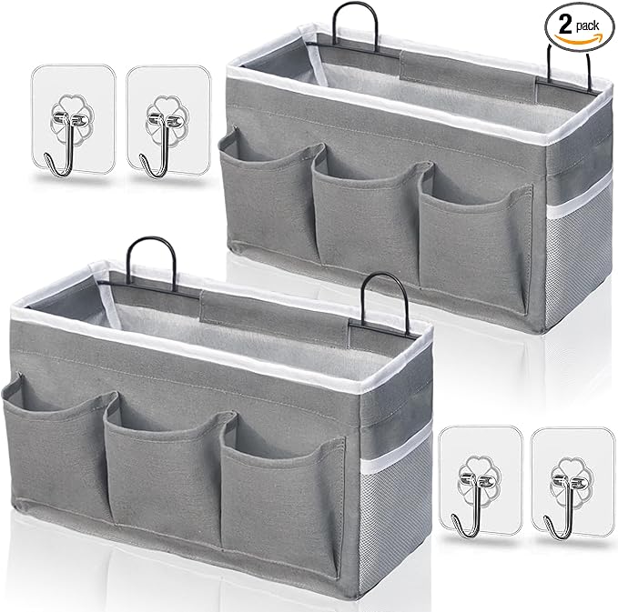 Kanrichu Wall Hanging Organizer Bag, 2-Pack Linen Storage Baskets with Pockets, WallHanging Storage Basket for Bedroom, Kitchen, Office, RV Camper (Gray)