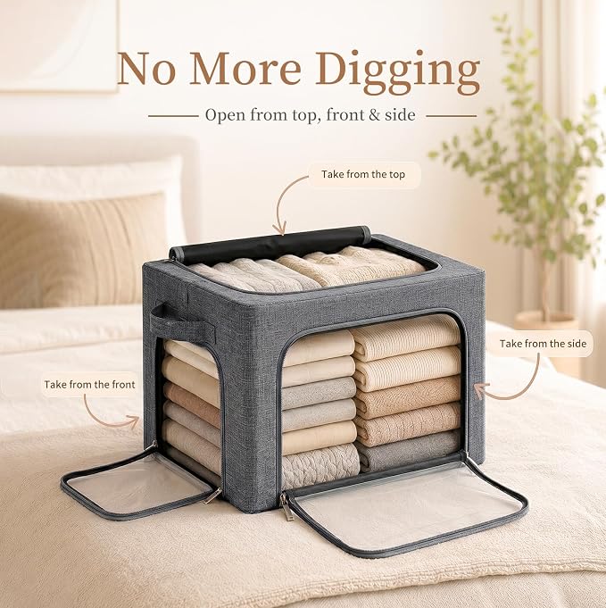 GoMaihe 3 Opening Clothes Storage Bins with Metal Frame, 40L Sweater Storage Organizer for Upper Shelf Closet Storage Boxes with Clear Window for Hoodies Jeans Towel 3-Pack Grey