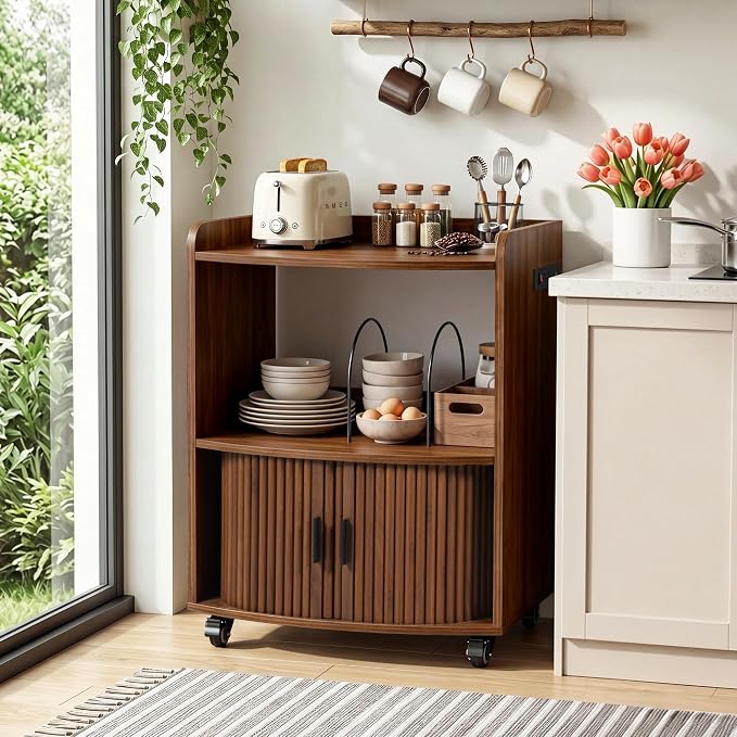 Bifins Coffee Bar Cart for Home, 3 Tier Rolling Serving Carts with Wheels | Coffee Cart with Removable Metal Brackets and Sliding Doors,Mobile Liquor Sideboard Cabinet for Home Bar, Kitchen